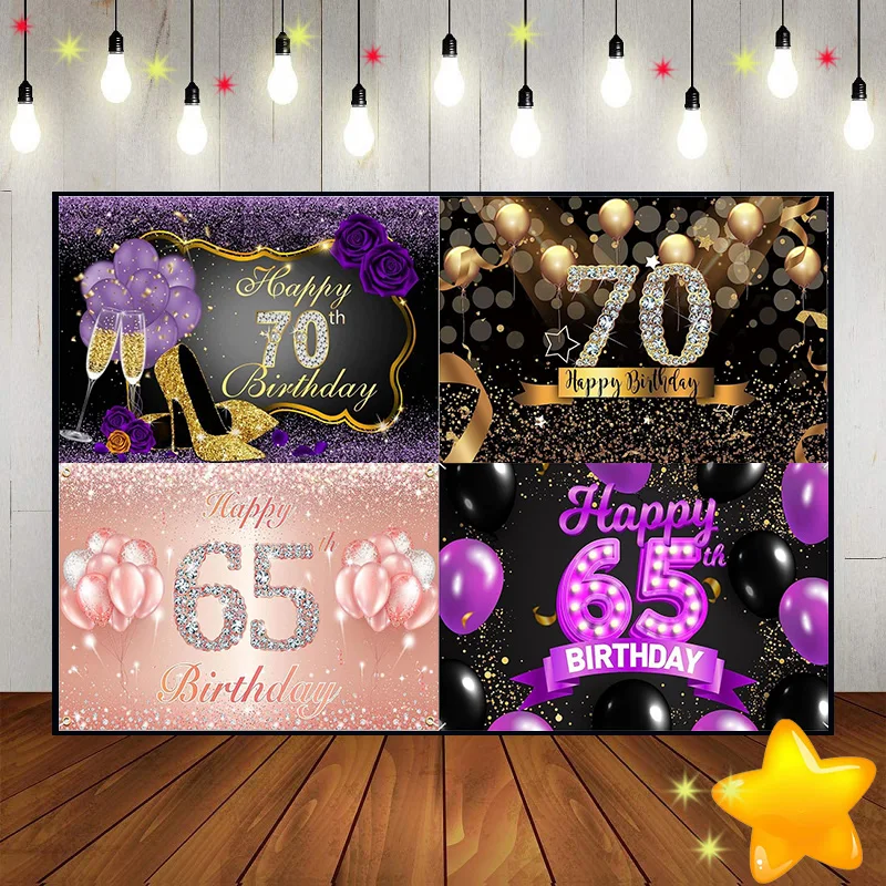 Happy 65th 70th Birthday Backdrop for Photography Background Black and Gold Photocall Waterproof Smash Cake Queen Photo Vintage