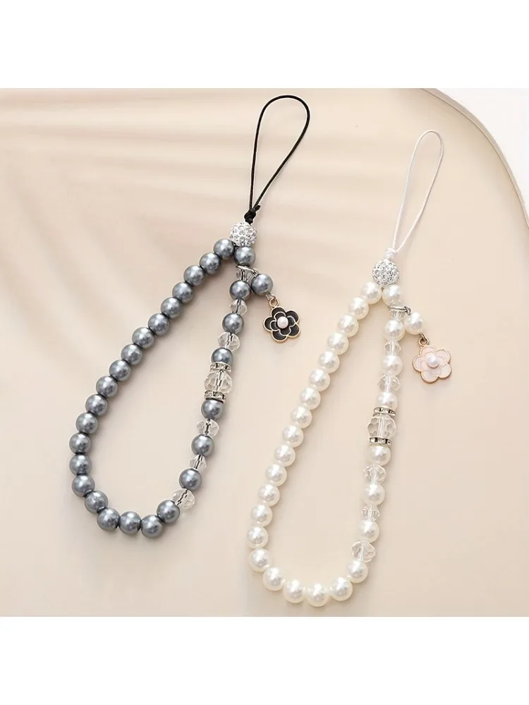 Bracelet à breloques de téléphone portable pour femmes, mignon, avec perle, petite fleur, pendentif, lanière de téléphone portable, chaîne perlée pour étui de téléphone portable