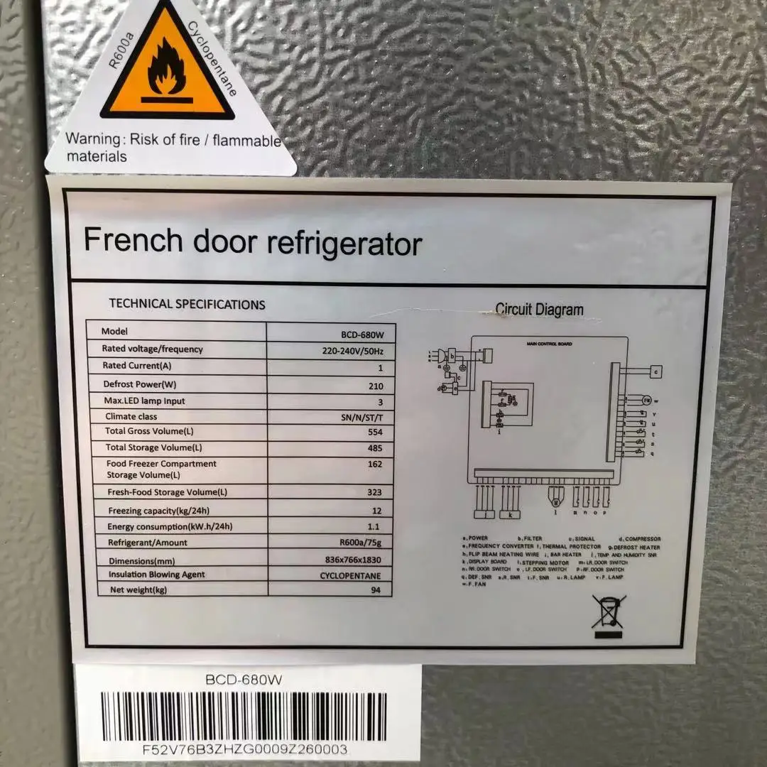 French Door Refrigerator with Water Dispenser Drawer Freezer Wind Cooling Big Size 628L Frost Free Big Home 4 Door Fridge BCD628