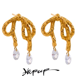 Yhpup Stylish Stainless Steel Bowknot Drop Cubic Zirconia Stud Earrings Women Gold Color Delicate Korean Fashion Jewelry Gift