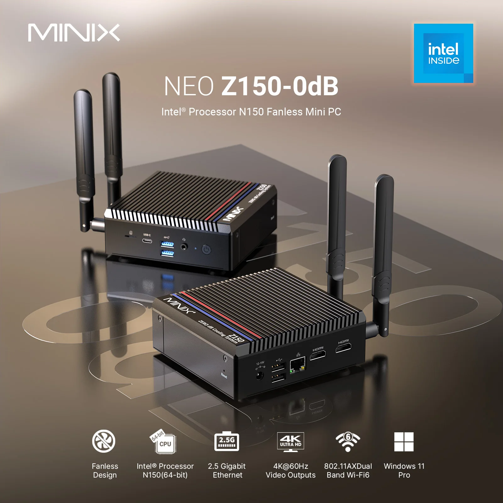 MINIX Z150 fanless mini PC , 16GB DDR4, 512GB M.2 PCIe X4 NVMe SSD Windows 11 Desktop Computer,2.5 GbE Ethernet, Dual HDMI 4K