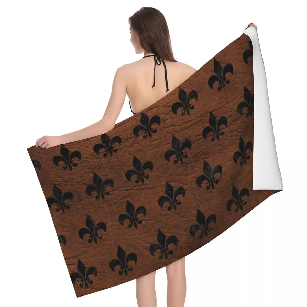 Royal Black Marble Brown Leather Fleur De Lis Beach Towel Quick Drying Lily Flower Symbol Super Microfiber Shower Sauna Towels