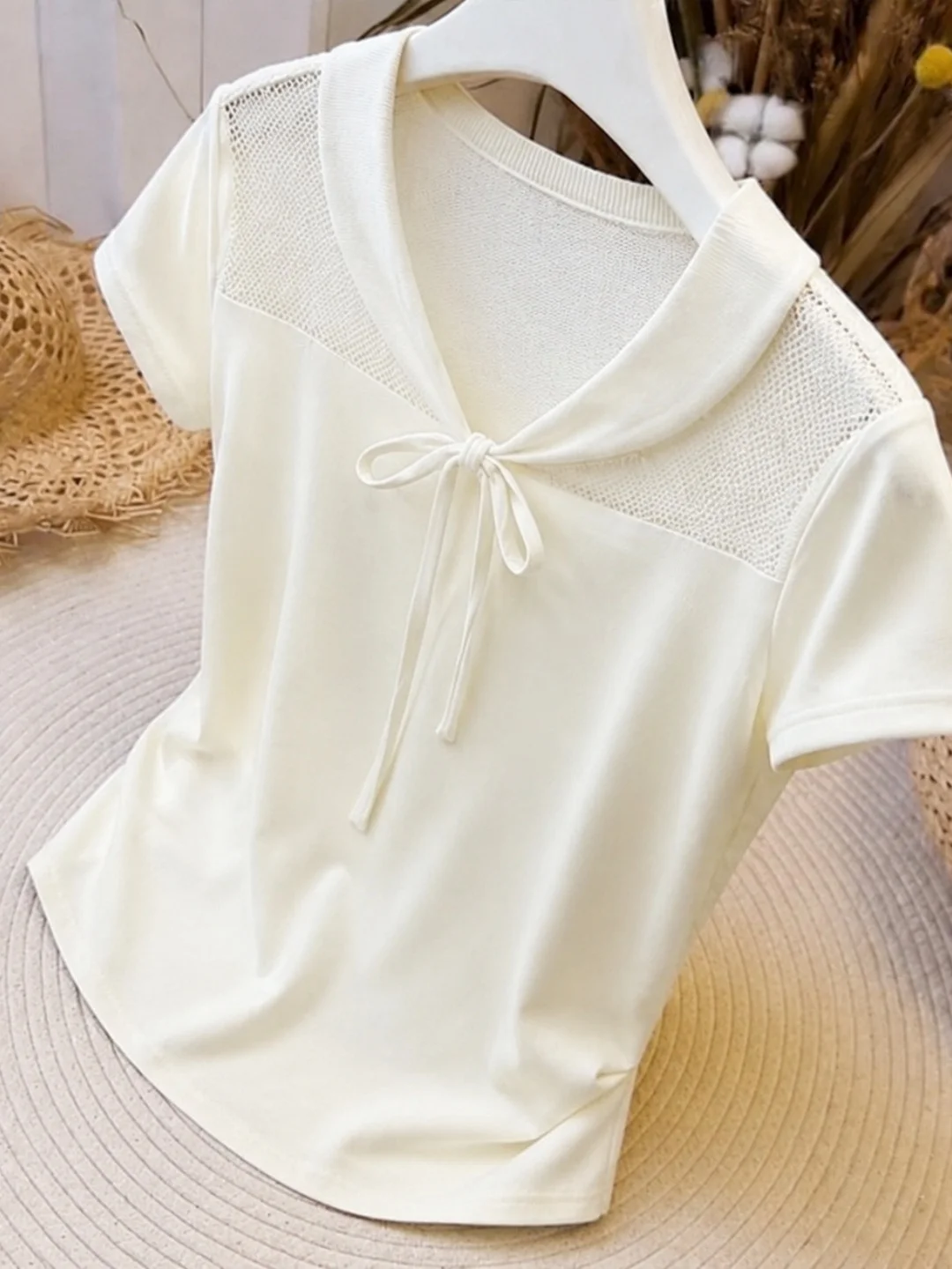 

Korean Style T-Shirt Women's Summer New Pure Color Versatile Short Sleeve Belted Design Simple Base Layer Top for plus Size