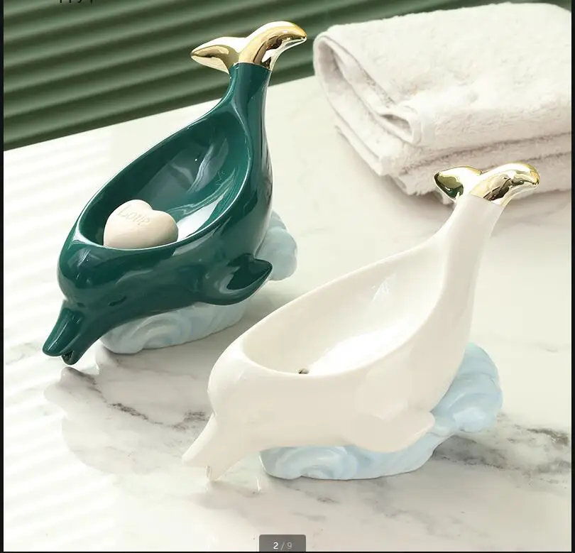 Dolphin Ceramic Soap Box Drain Dish 2-piece Set Bathroom Supplies Home Decoration Accessories Holder