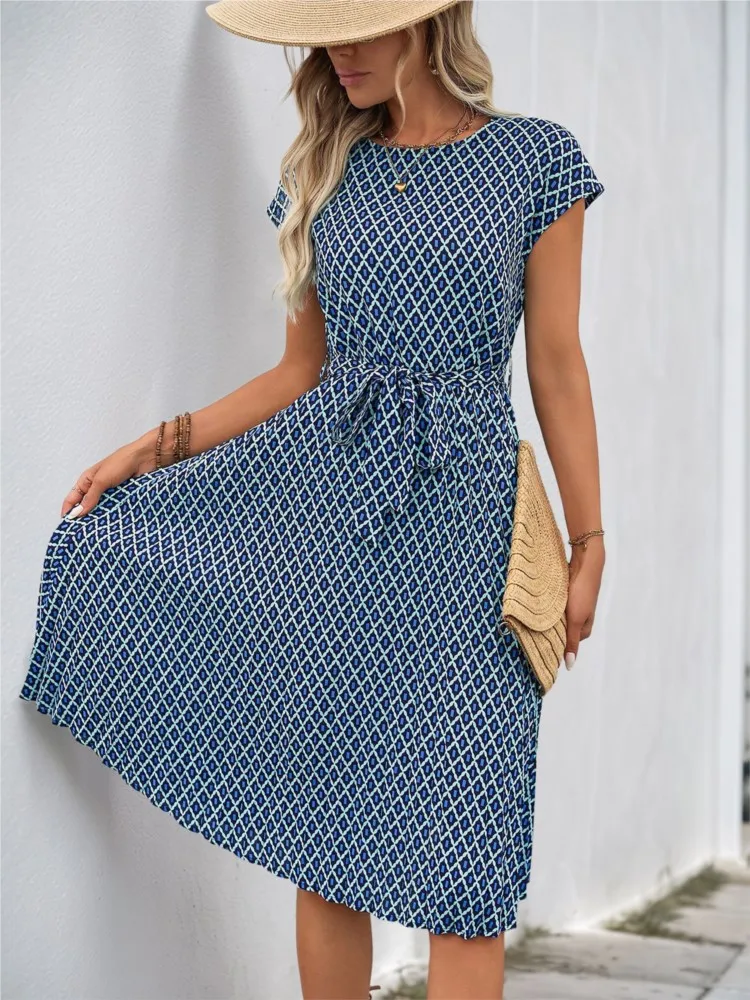 Dresses 2025 Woman Simple Dress Geometric Print Round Neck Dress Leace-up Temperament Vestidos Simple Style All-match Trendy