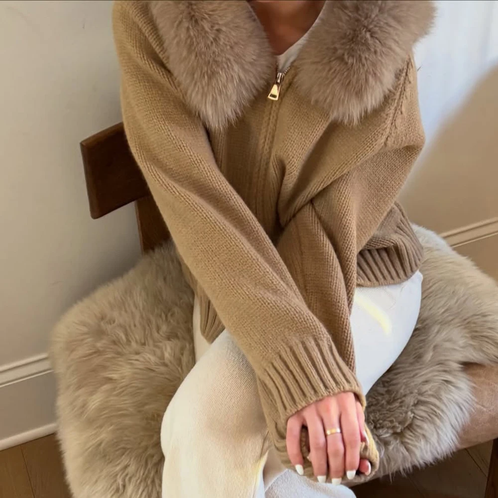 Talenza Winter Female Sweater Hoodie Cardigan Fluffy Zipper Patchwork Long Sleeve Ribbed Solid Knit jacket Coat Women's Cardigan image 6