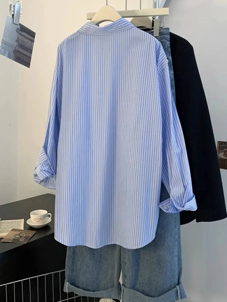 Loose Fit Long Sleeve  Neck Striped Shirt Women's Casual Style Spring Autumn Blue Stripe Large Size Comfortable Shirt