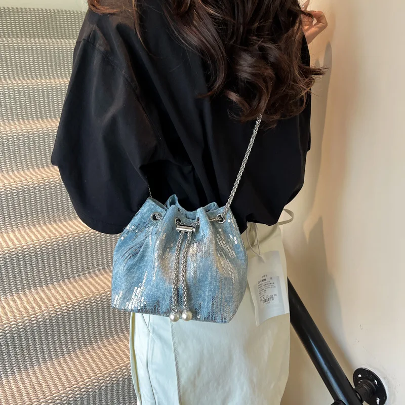 Denim Tote Bag with Shiny Silver Sequins,cute Mini Crossbody Purse for Party Dating Shoulder Purse,daily Outfits for Young Women