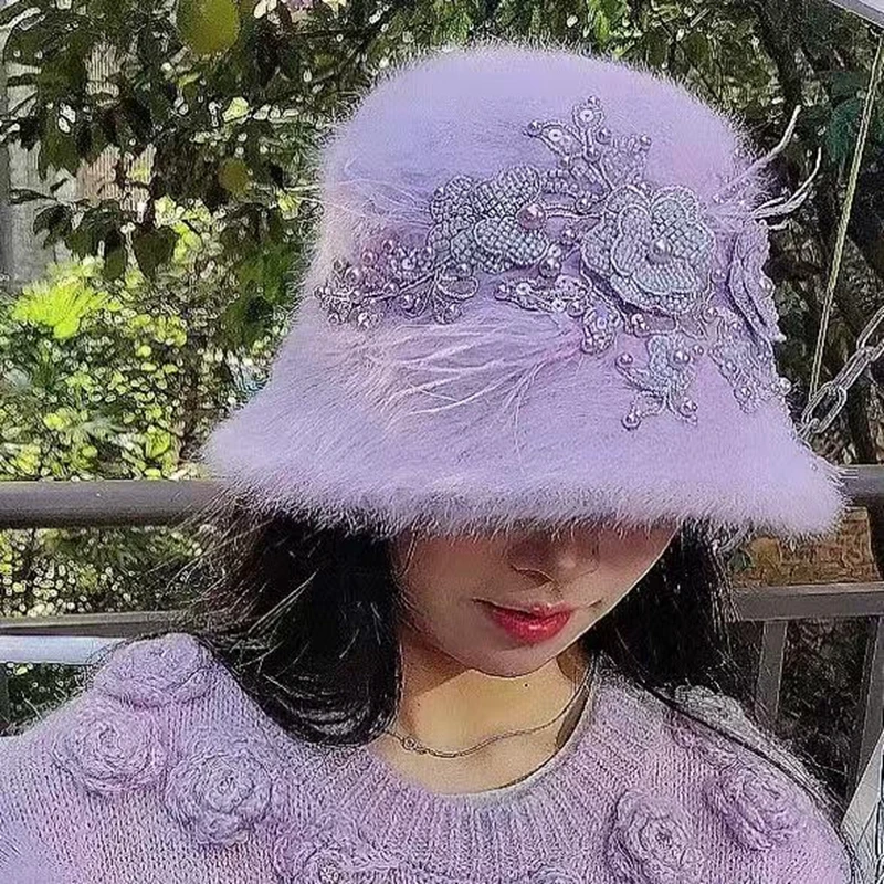 Luxury Style Pearls Beads Flowers Stitch Thick Faux Fur Hat  Autumn Winter Women's Bucket Hats