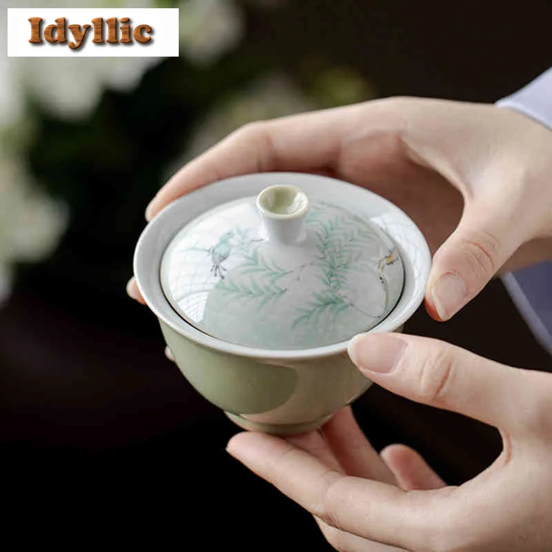 

100ml Hand-painted Willow Warbler Gaiwan Traditional Tea Tureen Tea Bowl With Lid Kit Tea Brewing Cover Bowl Kung Fu Teaset Gift