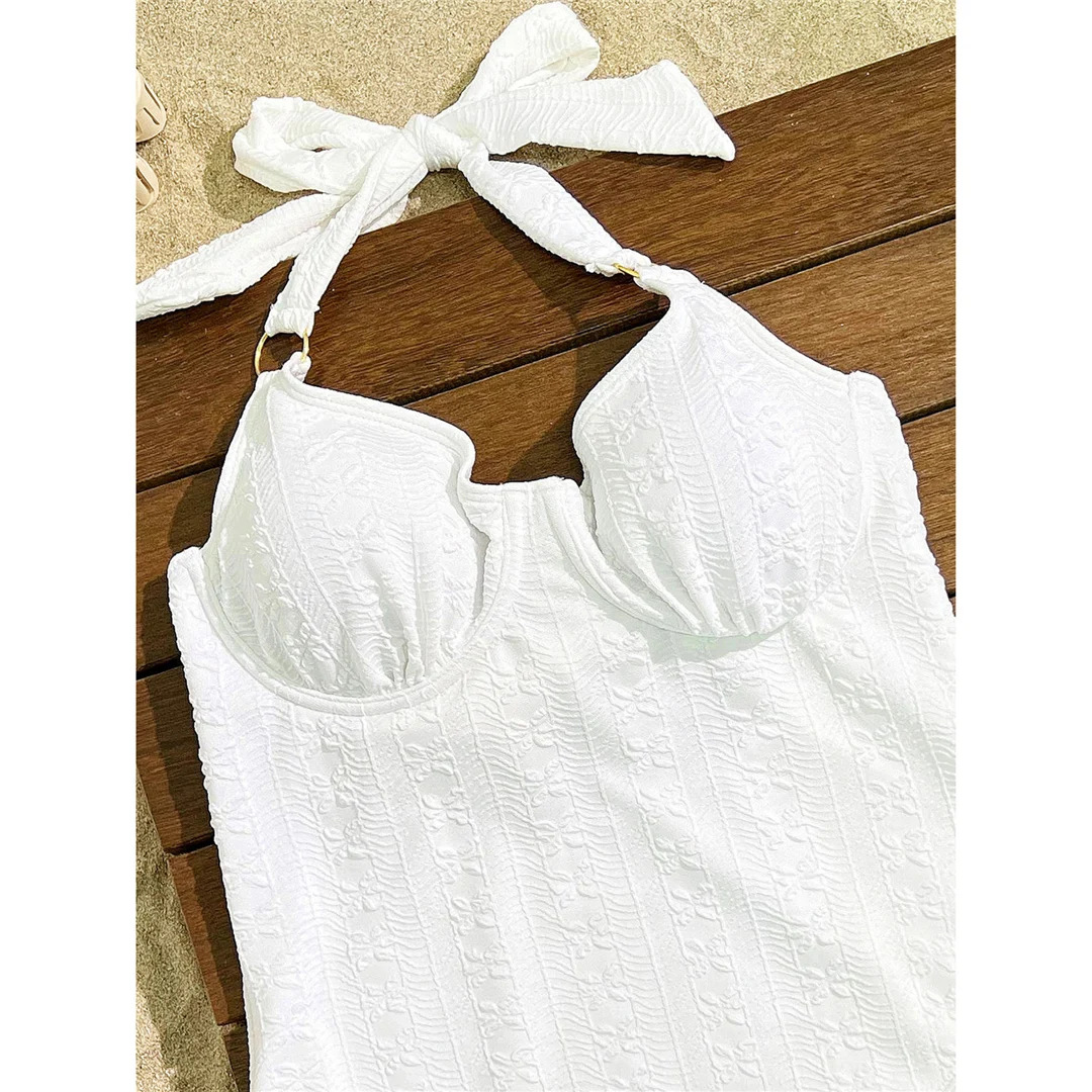 Gefalteter Neckholder-Badeanzug mit Bügel und Knoten, einteiliger Badeanzug für Damen, Monokini mit hohem Beinausschnitt, Badebekleidung, Badeanzug, Schwimmanzug V6271 – Detail 10