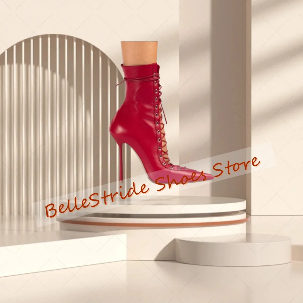 

Red Pointed Toe Lace up Boots Matte Leather Women Shoes Stilettos High Heels Party Banquet Dating 2025 Zapatos Para Mujere