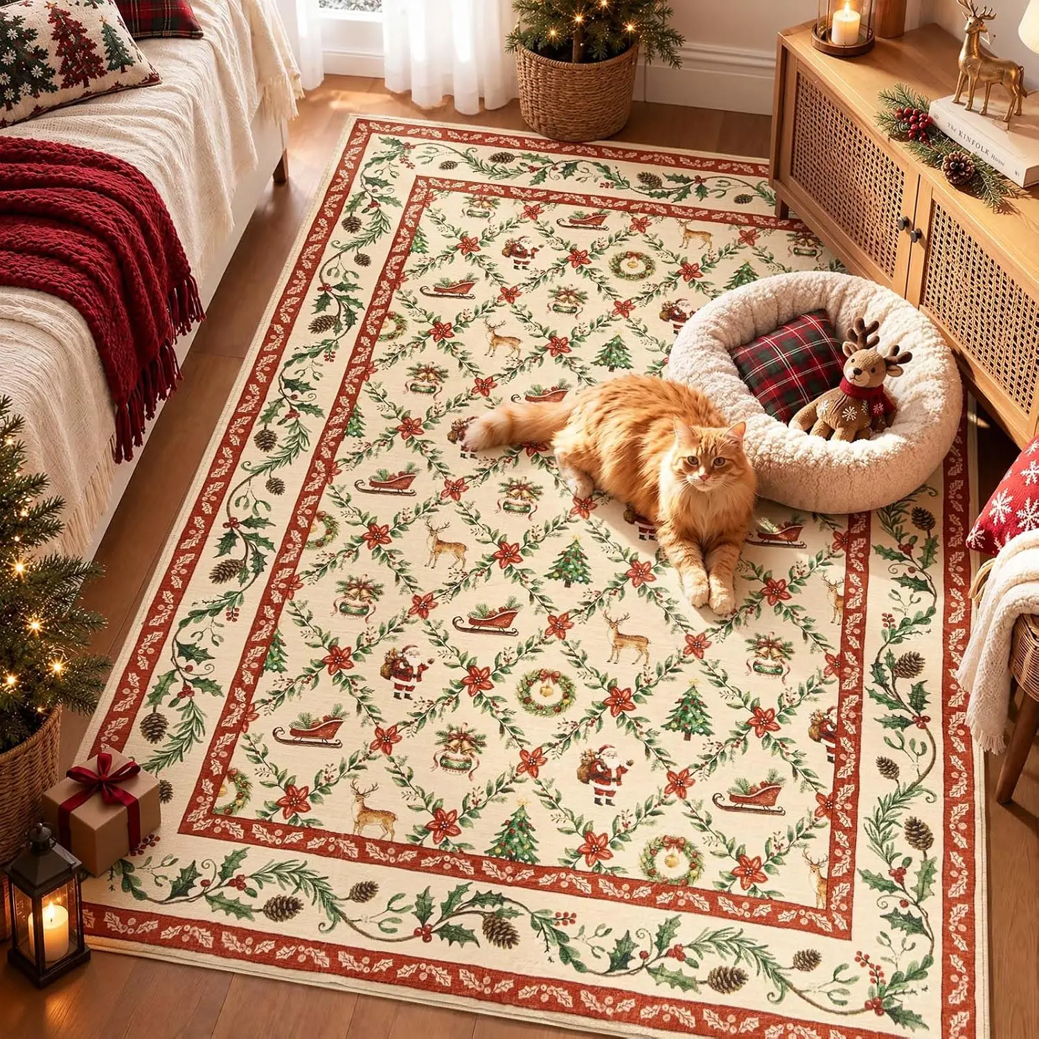 1pc 2D Flat Christmas Element Lattice Printed Floor Mat, Decorative Rug for Living Room, Bedroom, Office, Home Decor