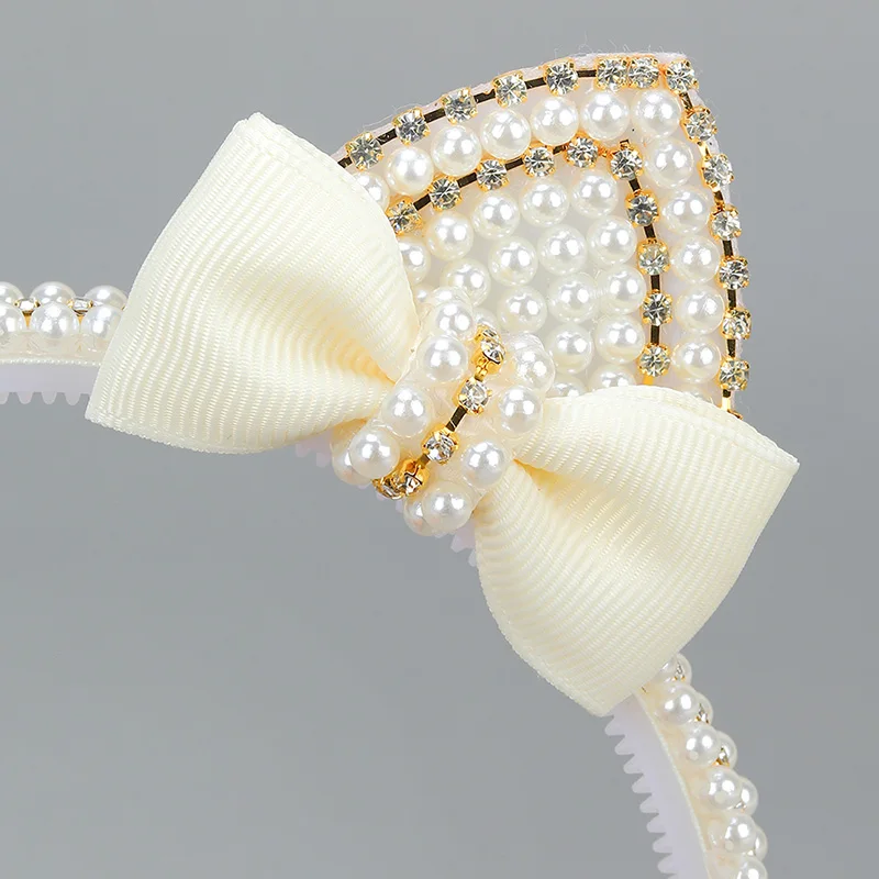 Fashion Rhinestone Headband Girls Ribbon Bow Hair Hoop Headwear Elegant Pearl Cat Ears Hairbands Kids Hair Accessories