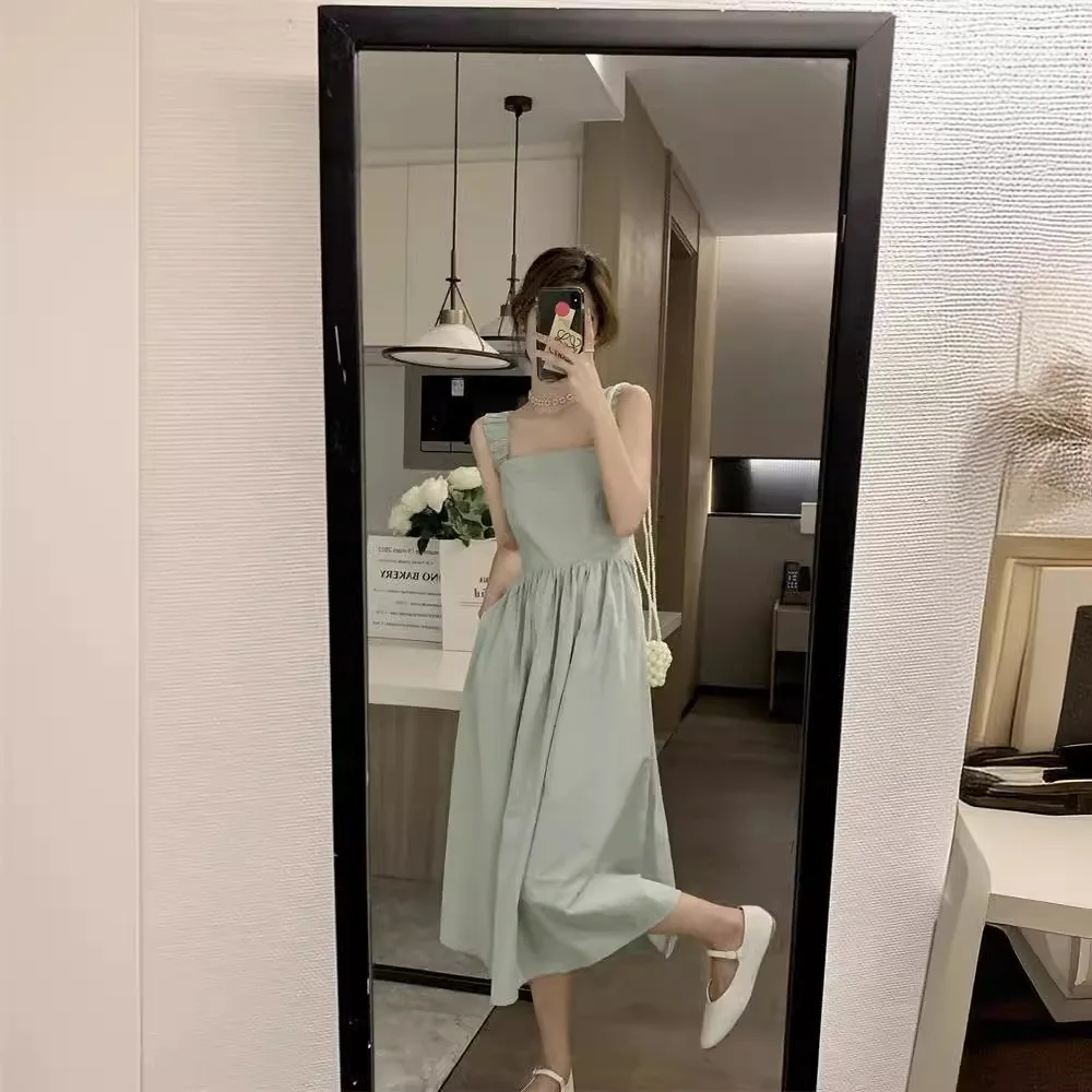 

Women's Light Green Square Neck Midi Dress, Sleeveless A-Line Casual Dress with Pockets for Summer