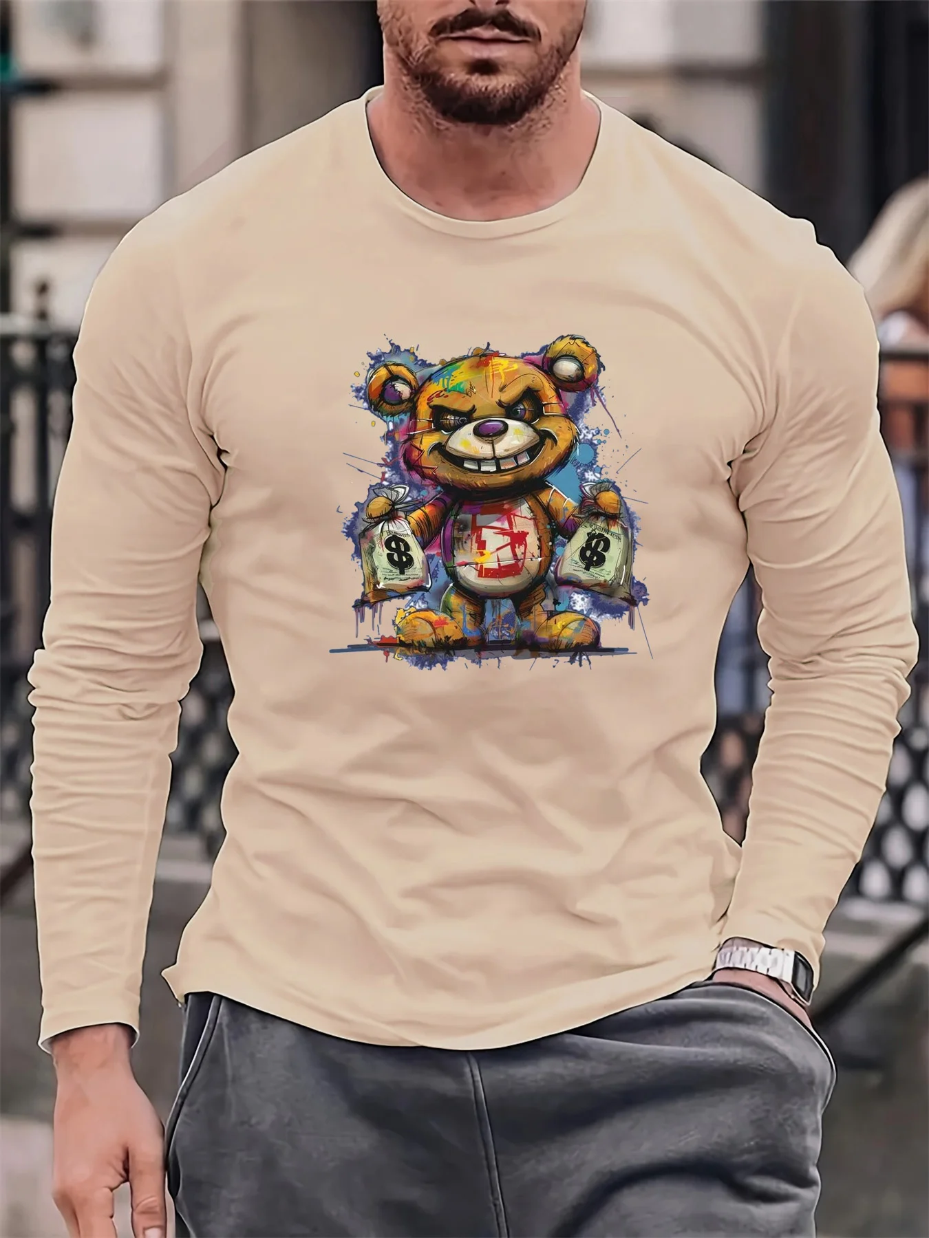 

Мужская свободная повседневная универсальная футболка из 100% чистого хлопка с длинными рукавами и круглым вырезом с мультяшным принтом медведя на весну и осень