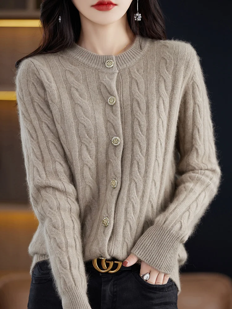 

Women Sweater Cardigans O-neck 100% Mink Cashmere Knitwear Autumn Winter Twist Flower Long Sleeve Thick Warm Female Clothing Top