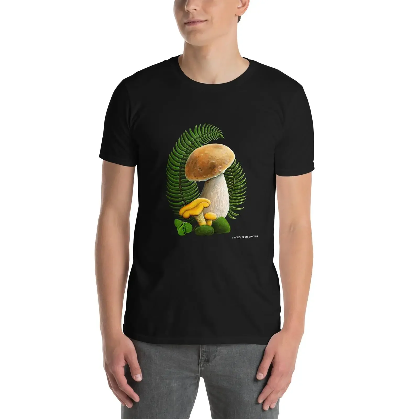 Vintage Wild Mushroom Bolete Chanterelle Fern Print T Shirt Foraging Fungi Casual vintage Washed homme graphic