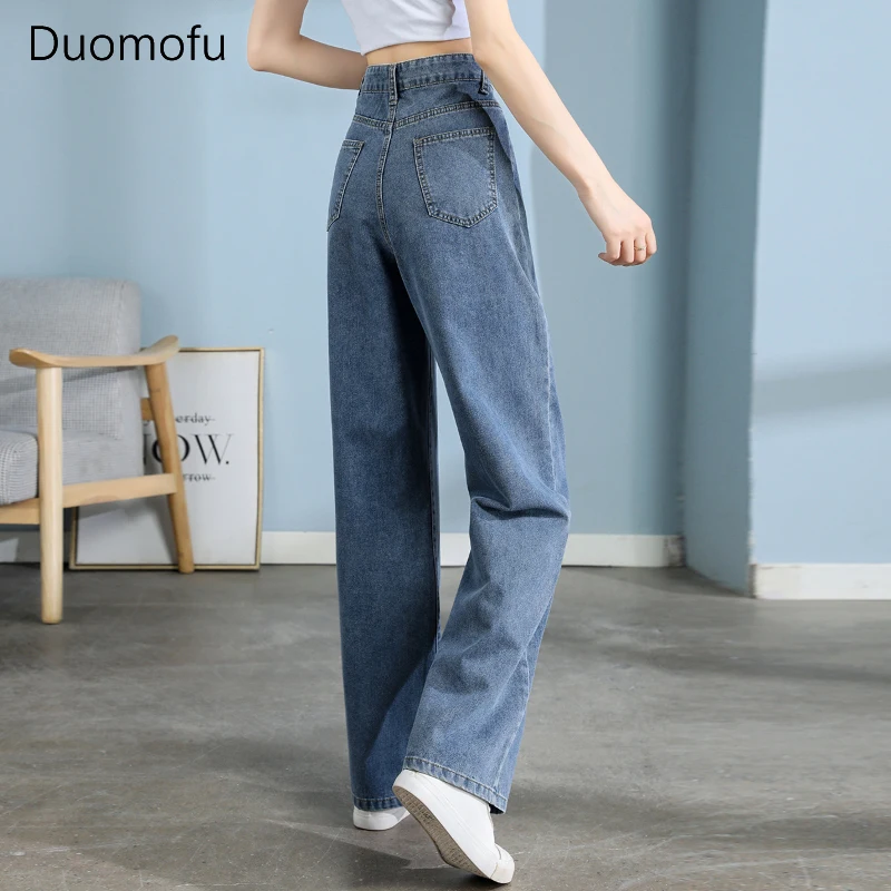 Duomofu-Jeans coreano azul claro para mulheres, cintura alta, reto fino, zíper chique, comprimento total, simples, casual, moda feminina, verão