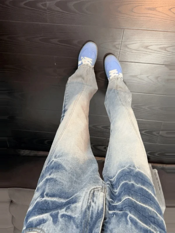 

American Waed Blue Lightning Pattern Slant Cut Flared Jeans Men High Street Vibe Loose Straight Leg Long Pants Casual Jeans