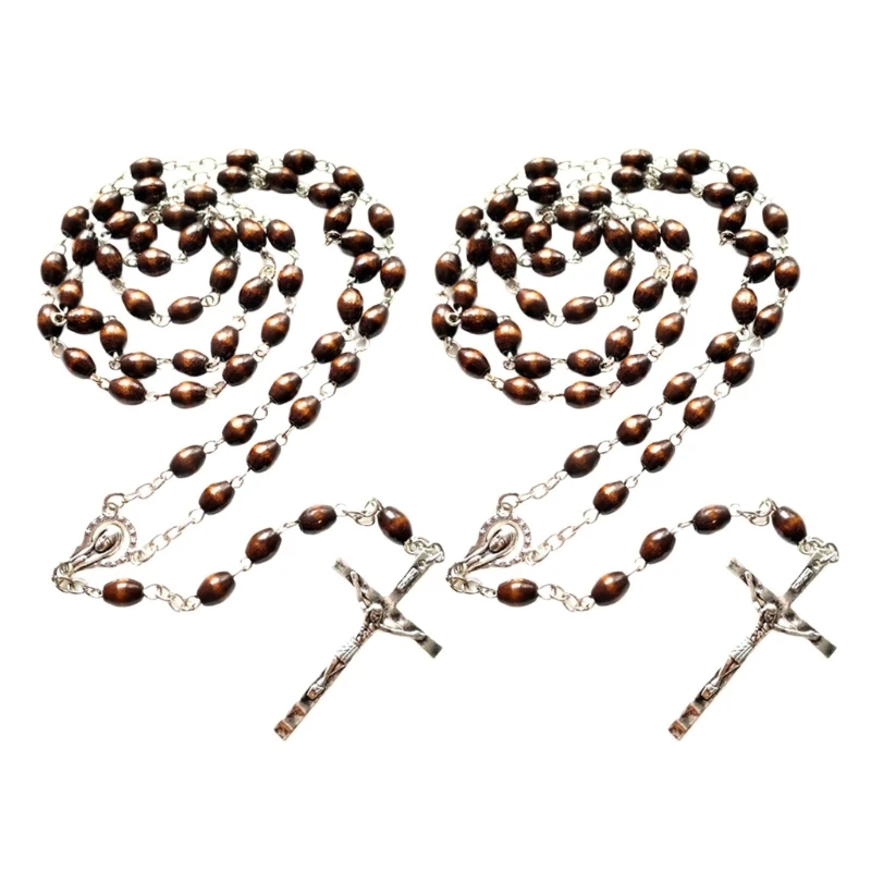 2Pcs Crosses Pendant Rosary Beads Chain Necklace Spiritual Jewelry Christian Religious Gift for Catholic Devotional