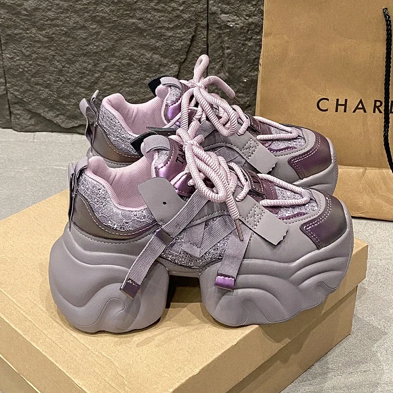 

Women Autumn Spring Chunky Sneakers Thick Bottom Leather Shoes High Platform Vulcanize Shoes Bling Casual Sports Dad Shoes 7CM