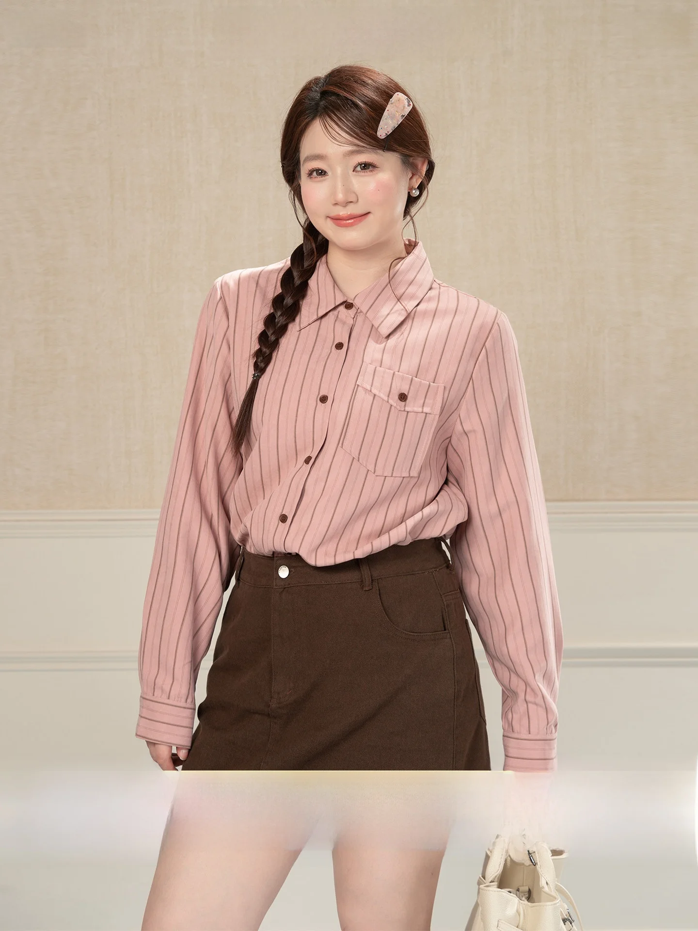 

Heynew plus Size Women's Pink Striped Shirt Spring Loose Inner Wear Gentle Style Long Sleeve Regular Fit A-Line Skirt
