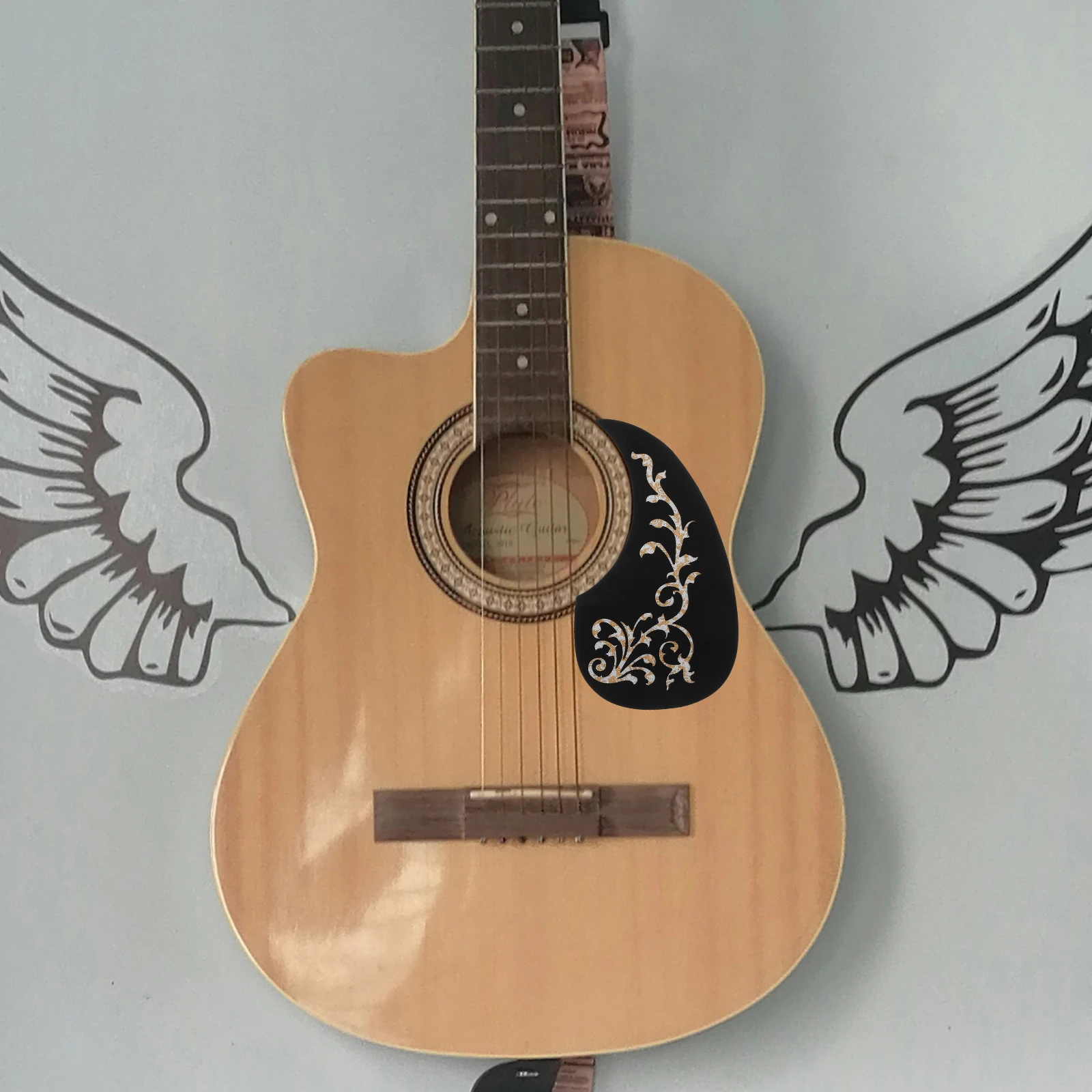 

1 pc For Acoustic Guitar Black Water Drop Shape White Tree Vine Flower Design Self-Adhesive Anti- Plate