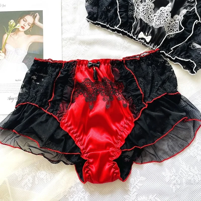 Calzoncillos Sissy de encaje con lazo transparente rojo de talla grande, ropa interior Sexy para mujer, bragas cortas, bragas de cintura alta, ropa interior