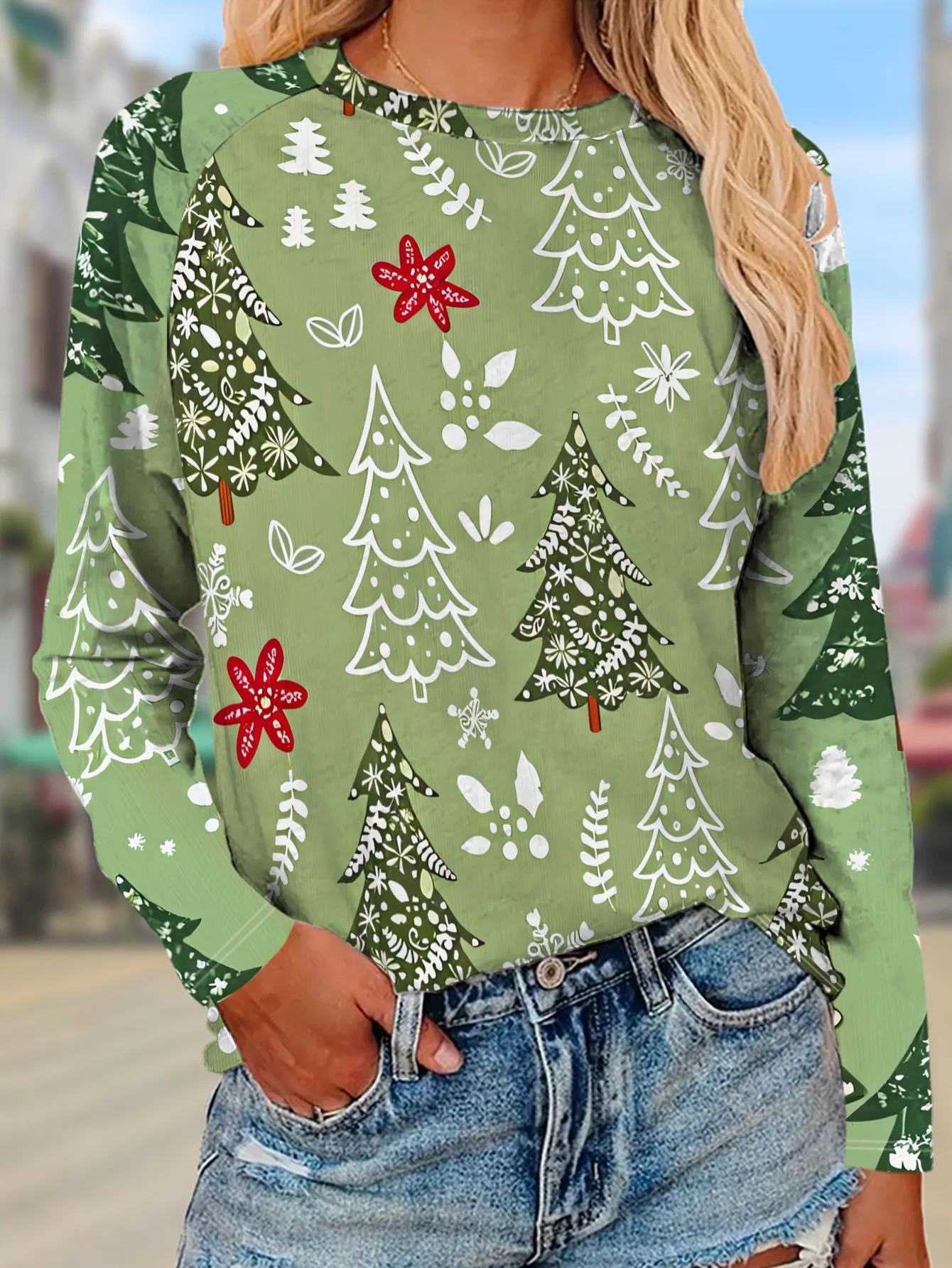 Women Long Sleeve T Shirt Round Neck Casual Tops Christmas Tree Snowflake Floral Print Holiday Fashion Loose Daily Wear
