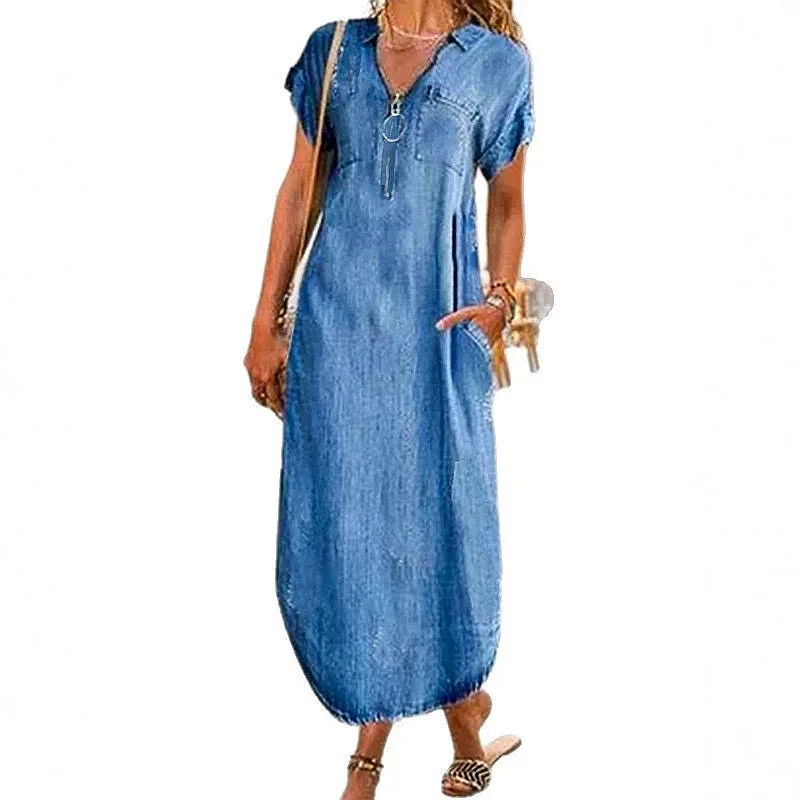 Summer Short Sleeve Denim Dress Casual Loose Women Dresses Overall Jumpsuit Playsuit