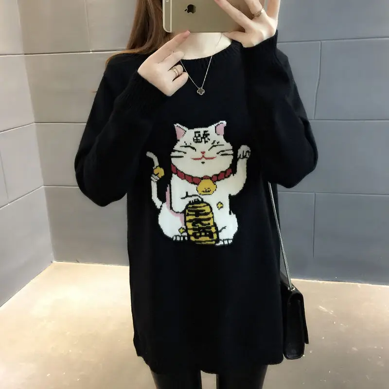 Glück Katze Pullover koreanische Version mittellang warm halten Herbst Winter Frauen Strickwaren Cartoon Stickerei Harajuku weiblichen Pullover