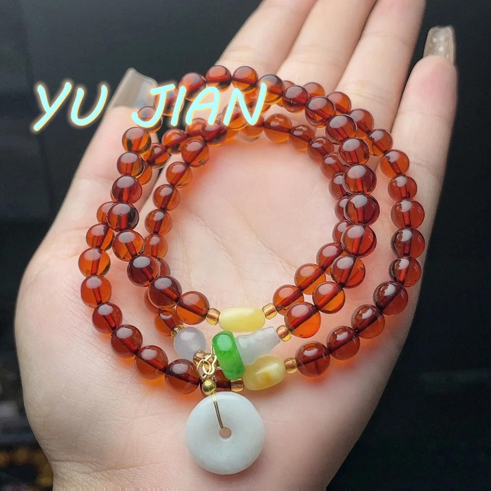 

Natural Level One Red Blood Amber Beads With Jadeite Lucky Buckle Jade Accessories Exquisite Chain Necklace Handring Fine Jewelr