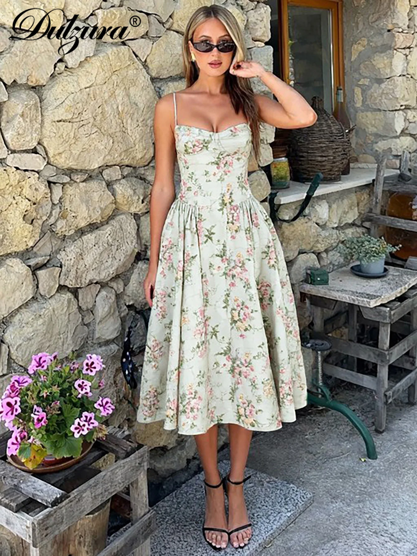 Dulzura ノースリーブバックレスボディコンプリントキャミプリーツマキシドレスセクシーエレガントカジュアルロングドレスパーティークラブストリート夏服