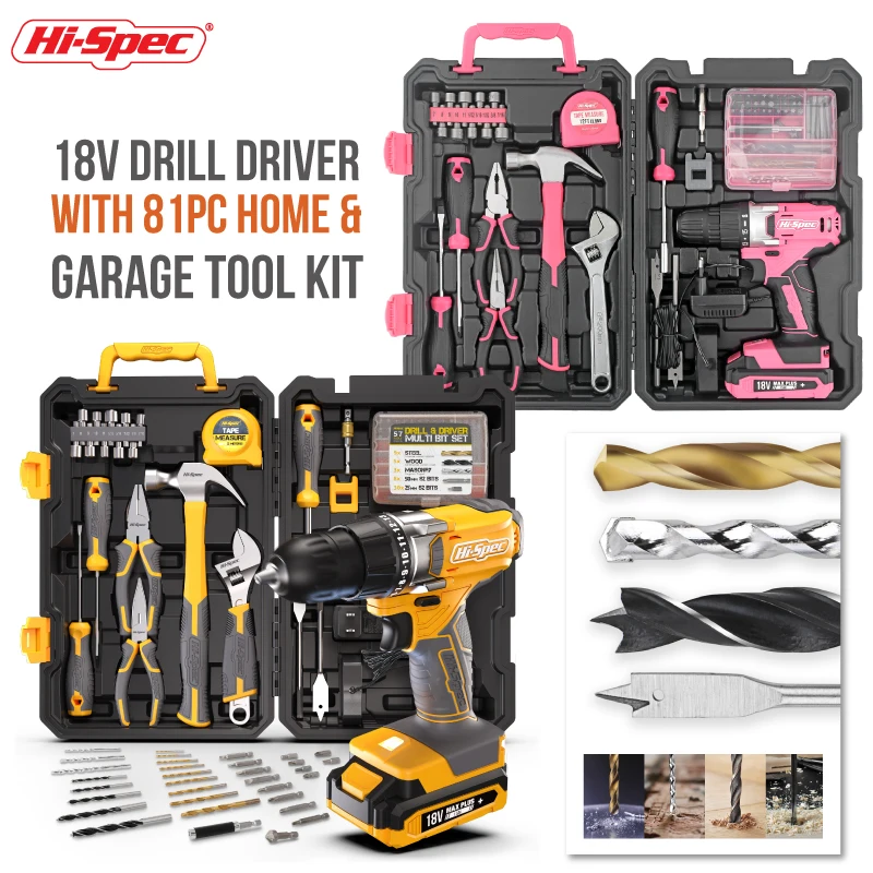 

Hi-Spec 18V LITHIUM DRILL Power Tool Sets with Fast Charger-High Efficiency Cordless Tool Kit for Mechanics Construction Work