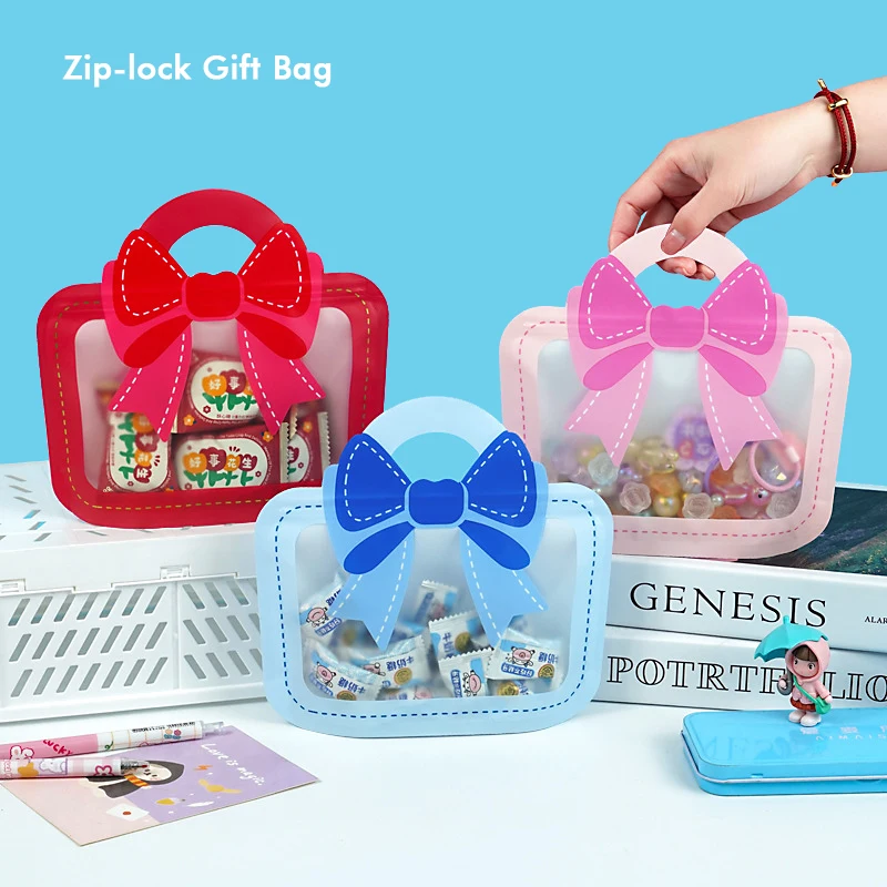 30Pcs Bow Snack Packaging Bag Portable Design Cosmetics Candy Small Items Storage Self Seals Cartoon Bow Portable Gift Bag