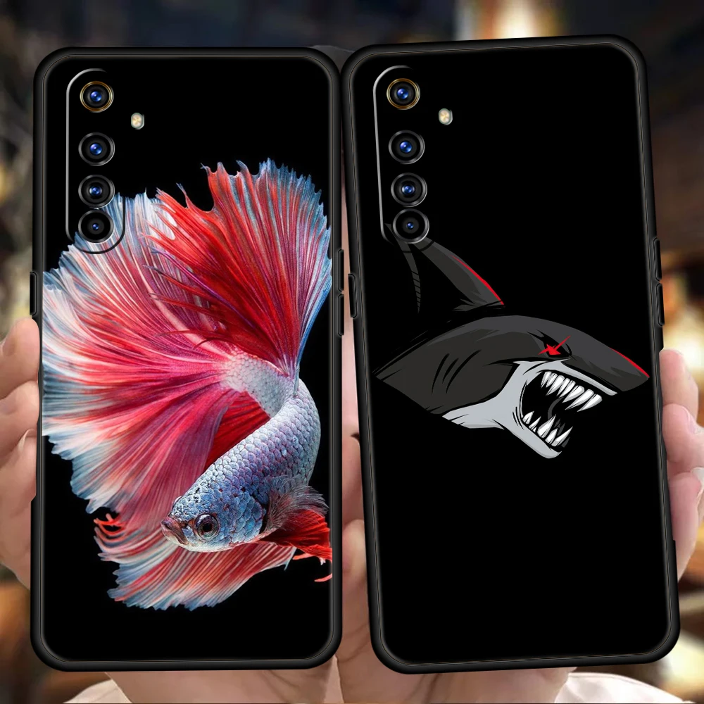 Black Style Fish Phone Case for Realme 8 9 Pro Plus 8i 9i 6 7 GT2 C21 C25 C3 C11 11 Pro 5G Plus Shockproof Silicone Shell Capas