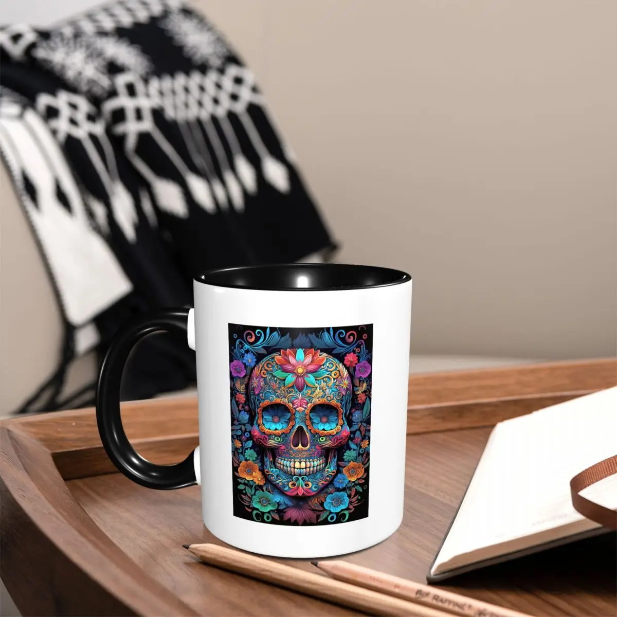 Mexican Skull Calavera Illustration Mug Funny Ceramic Coffee Cups Tea Mugs Milk Cup Drinkware Gifts for Woman Man