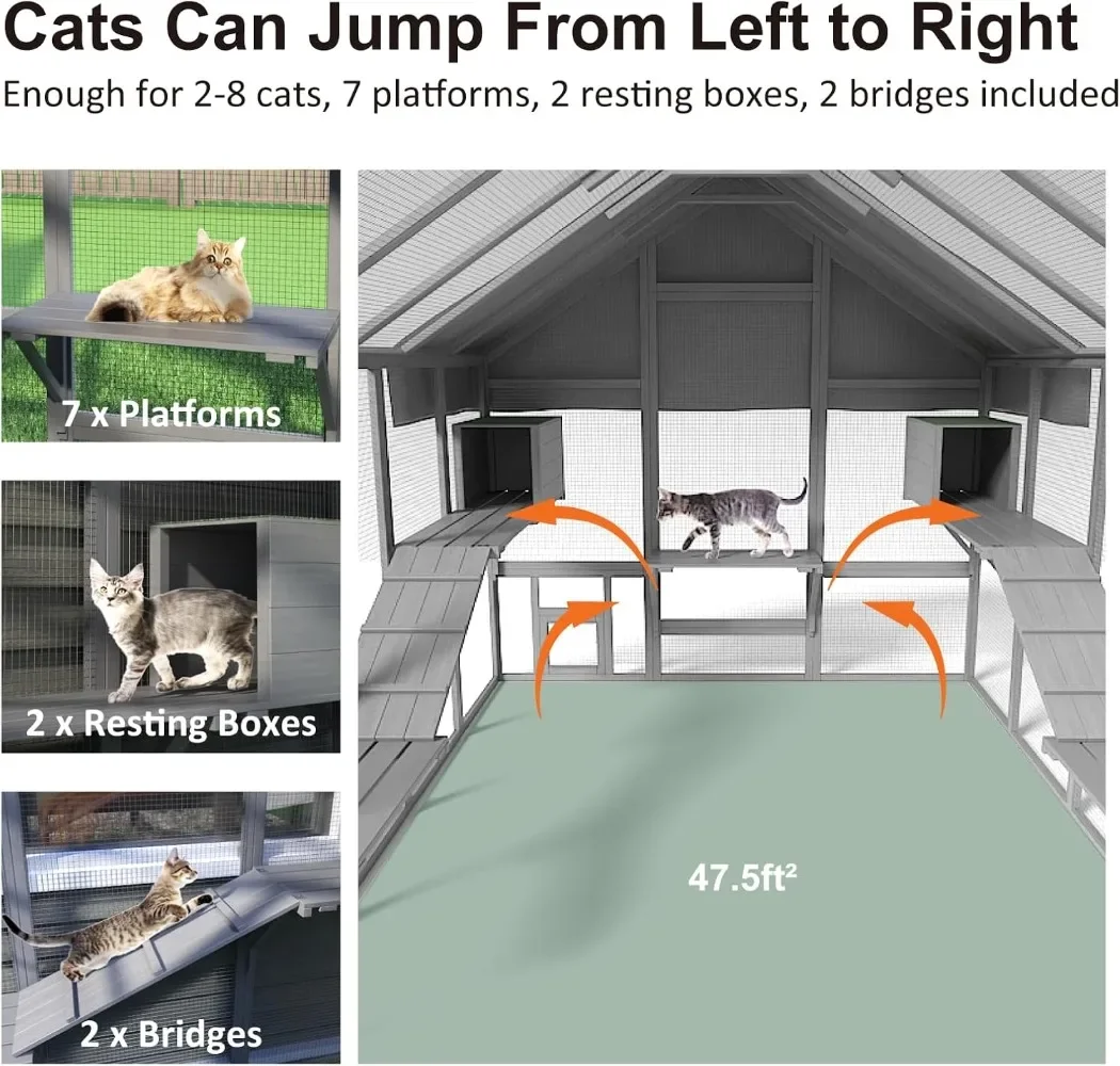 Outdoor Cat Enclosure, Large Cat Catio for Multiple Cats with 7 Platforms, 2 Resting Box and 2 Bridges, Wooden Cat House