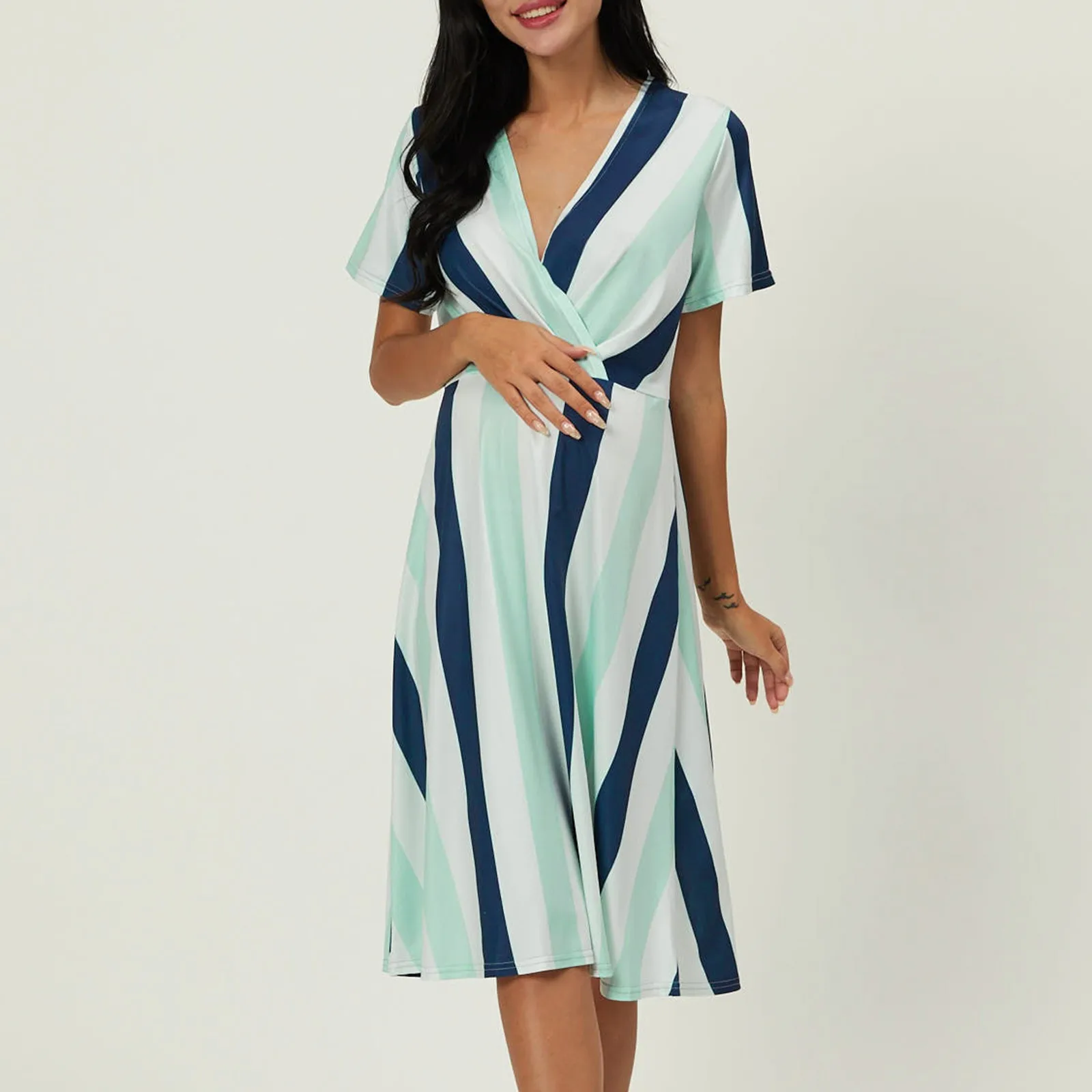 Fashion Pregnant Women Dresses Maternity Casual Short Sleeve V Neck Striped Printed A Line Dress Loose Beach Sundress vestidos