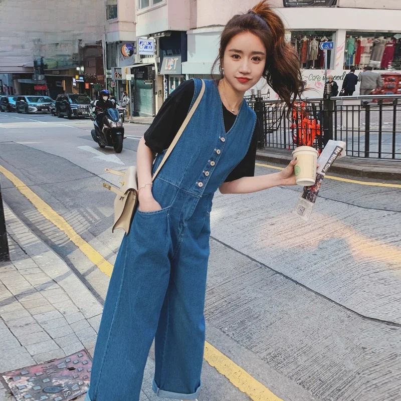 

Летние джинсовые комбинезоны 2025 в корейском стиле: шикарные, свободные, с V-образным вырезом, с высокой талией, для повседневной носки