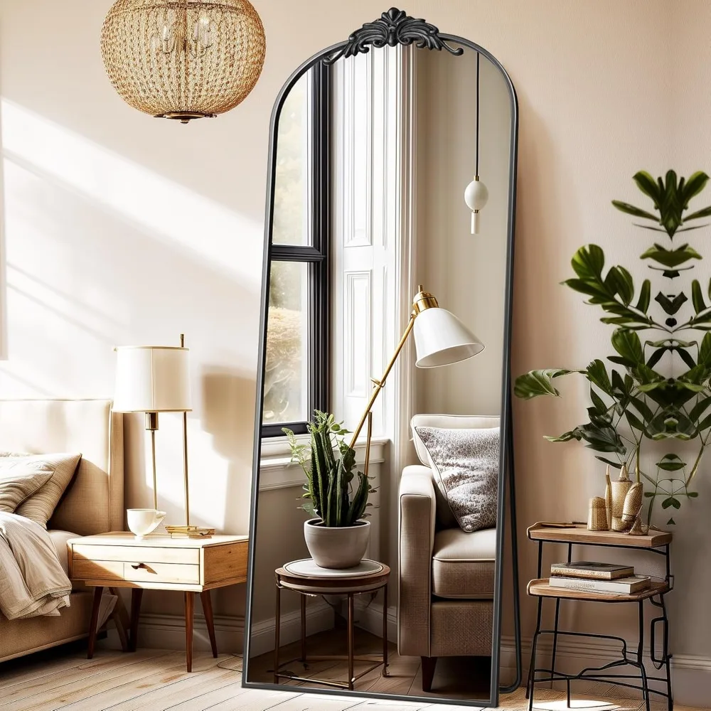 Arched Full Length Mirror, 64"×21" Floor Mirror Freestanding With Carved Metal Frame,Full Body Mirrors