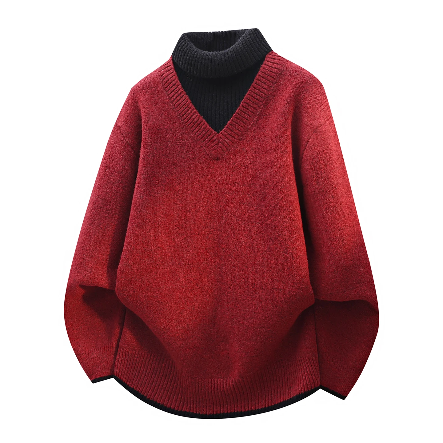 

Красный утепленный вязаный свитер с высоким воротником для мужчин, свободный крой, осенне-зимняя повседневная комфортная одежда из смеси полиэстера и нейлона