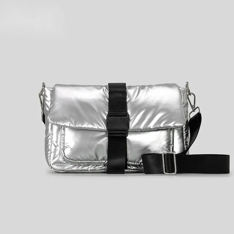 Fashion Silver Square Down Bag Women's Shoulder Bag Nylon Down Cotton Crossbody Bag Trendy Wide Shoulder Strap Flap Wallet