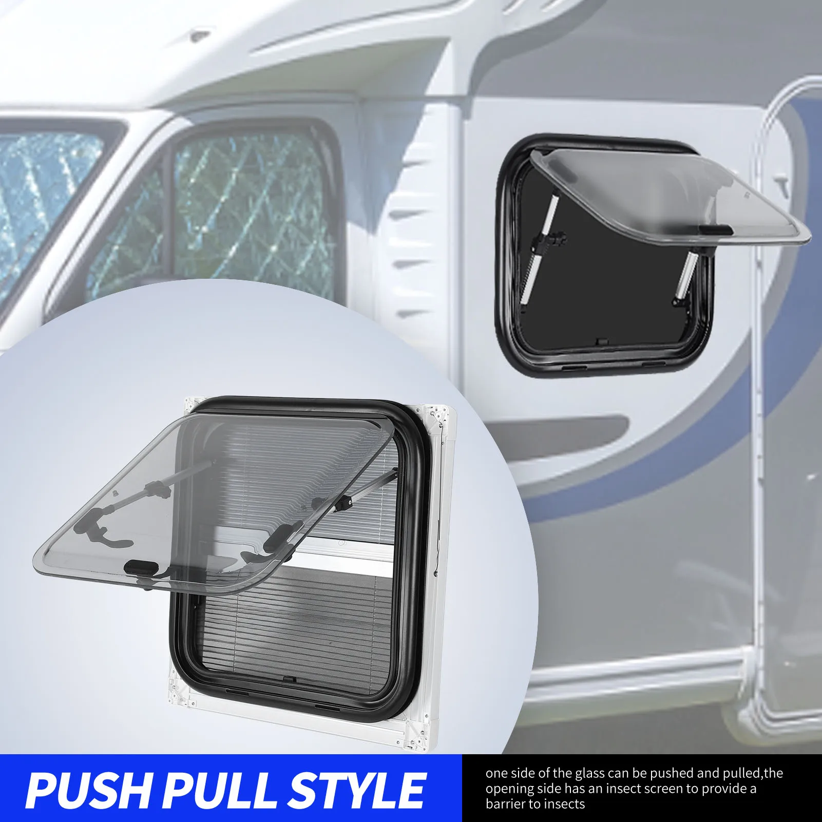 نافذة خروج RV نافذة دفع RV مزدوجة الطبقات 18 × 18 بوصة حجب الضوضاء مدورة مع ستارة ظلة للمنزل المحمول RV