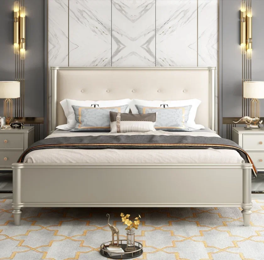 Light luxury modern solid wood bed champagne color double bed master bedroom simple engagement bed bedroom furniture