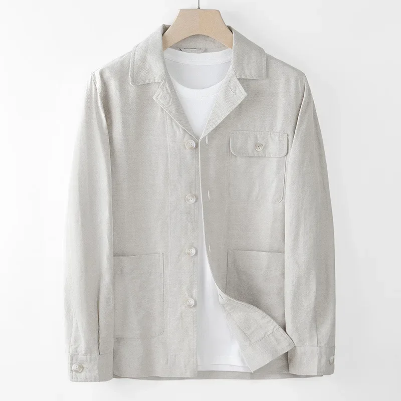 New Arrival Autumn Work Clothes Linen Casual Jacket Men's Lapel Top Twill Cotton Linen Loose Coat Cuban Collar Pocket Size M-3XL