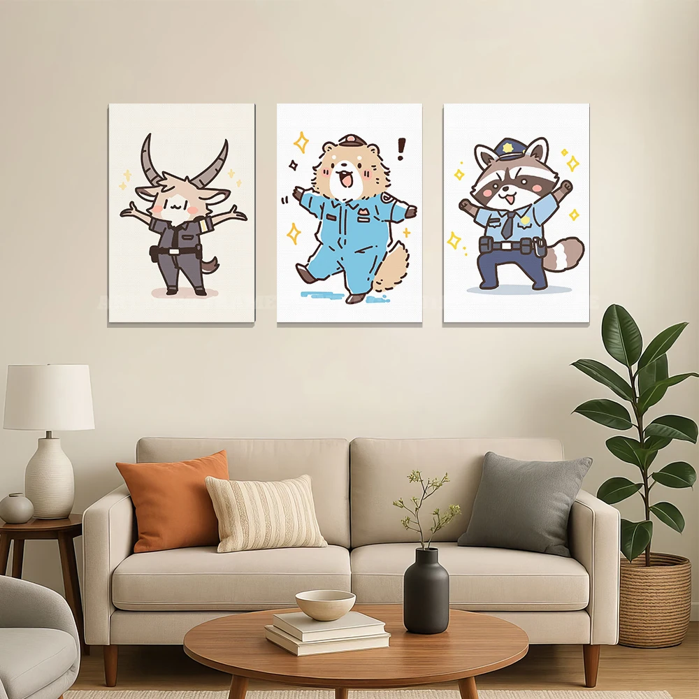 Cute Kawaii Animal Police Officer Unframed Canvas Print, Cartoon Zoo Cop Character Poster, Kids Bedroom Wall Art Decor