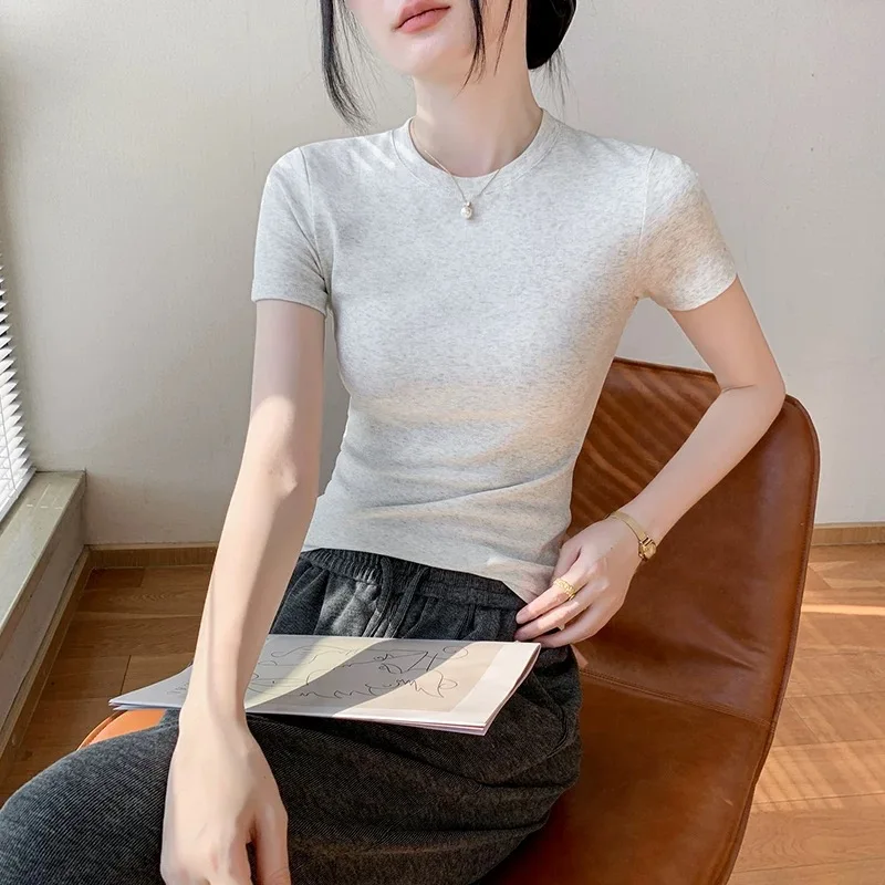 Baumwoll-T-Shirt für Damen Sommer 21 Einfarbig O-Ausschnitt Sexy Büro-Damen T-Shirt Figurbetont Schmal Basic Top Lässige Modekleidung – Detail 5