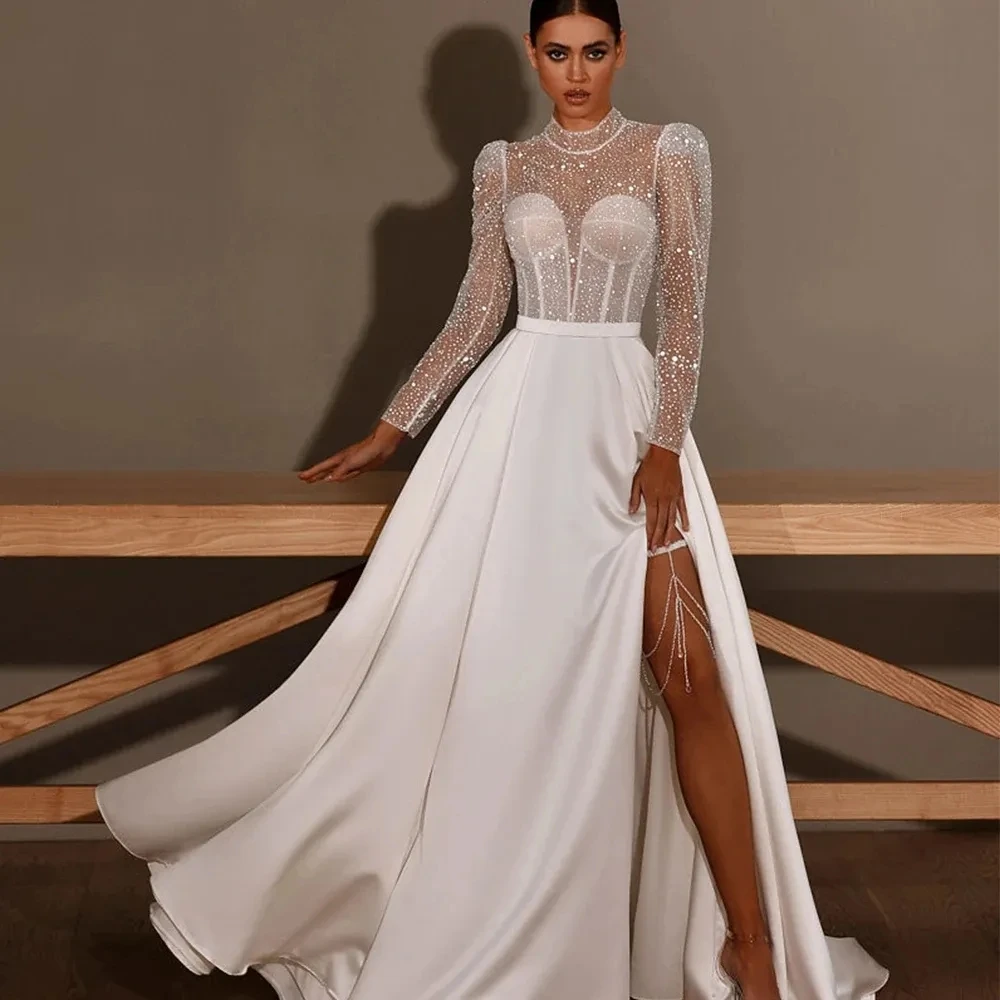 Sparking Thigh High Slits Beach Wedding Dresses Sequin Top Long Sleeve Bridal Gowns A Line Boho Banquet Vestidos De Novia